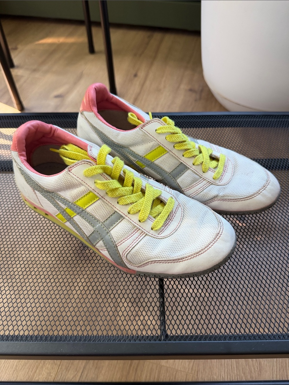 Onitsuka Tiger by Asics White Sneakers with Pink Collar and Yellow Laces